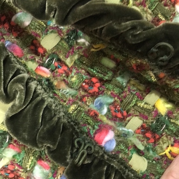 Cynthia Steffe Olive Ruffle Velvet Trim Multicolor Ribbon Basket Weave Jacket - Picture 6 of 11